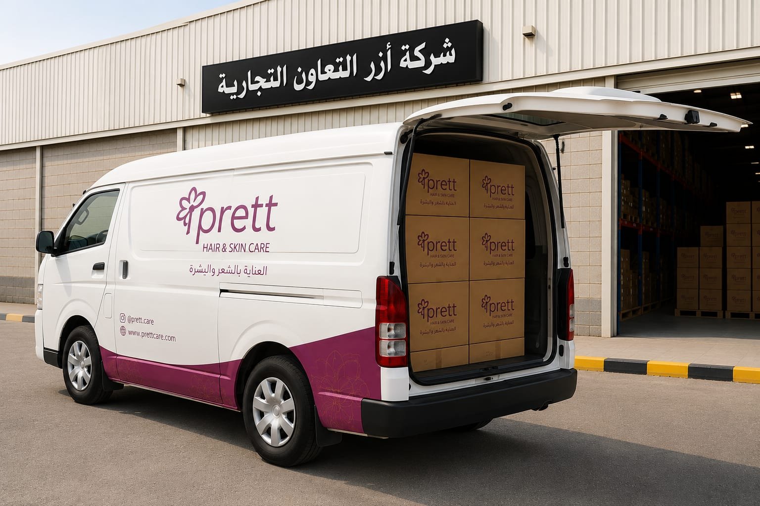 مركبة توزيع محملة بعبوات بريت أمام واجهة تحمل اسم أزر التعاون